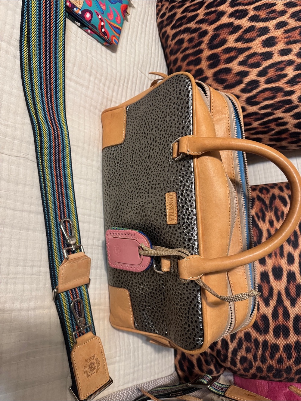 Consuela Tommy Tan Leather-Trim Metallic Textured Satchel